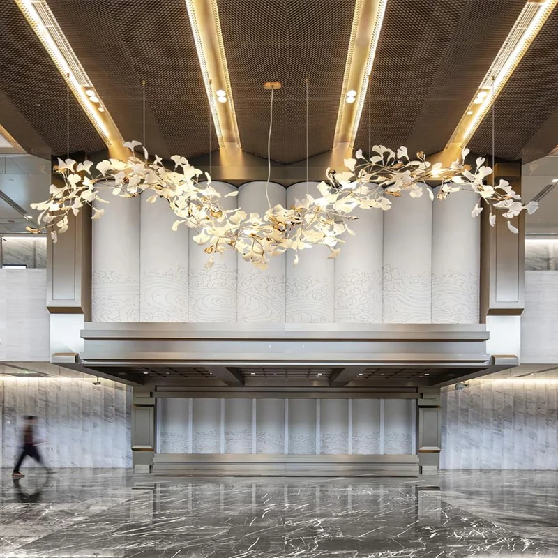 Kroonluchter Keramiek Ginkgo Bladeren Lineair Design Hanglamp Eetkamer Woonkamer Porselein Messing Verlichting | Sansoti