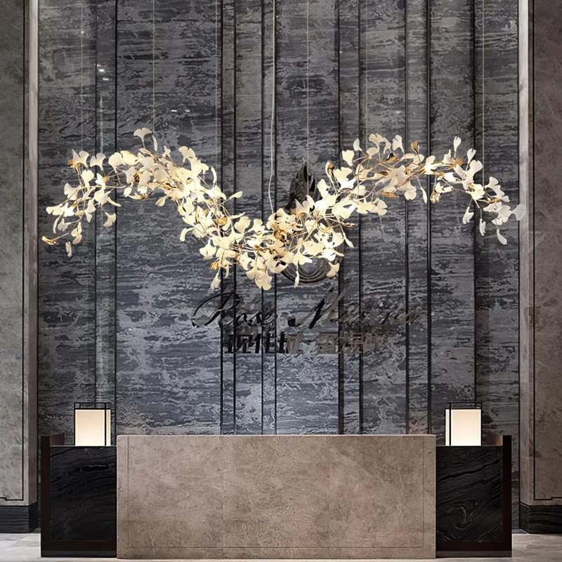 Kroonluchter Keramiek Ginkgo Bladeren Lineair Design Hanglamp Eetkamer Woonkamer Porselein Messing Verlichting | Sansoti