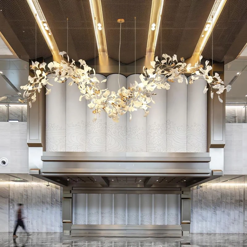 Kroonluchter Keramiek Ginkgo Bladeren Lineair Design Hanglamp Eetkamer Woonkamer Porselein Messing Verlichting | Sansoti