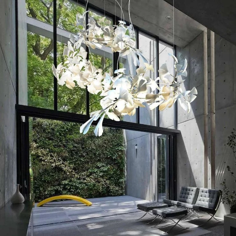 Kroonluchter Keramiek Ginkgo Bladeren Lineair Design Hanglamp Eetkamer Woonkamer Porselein Messing Verlichting | Sansoti