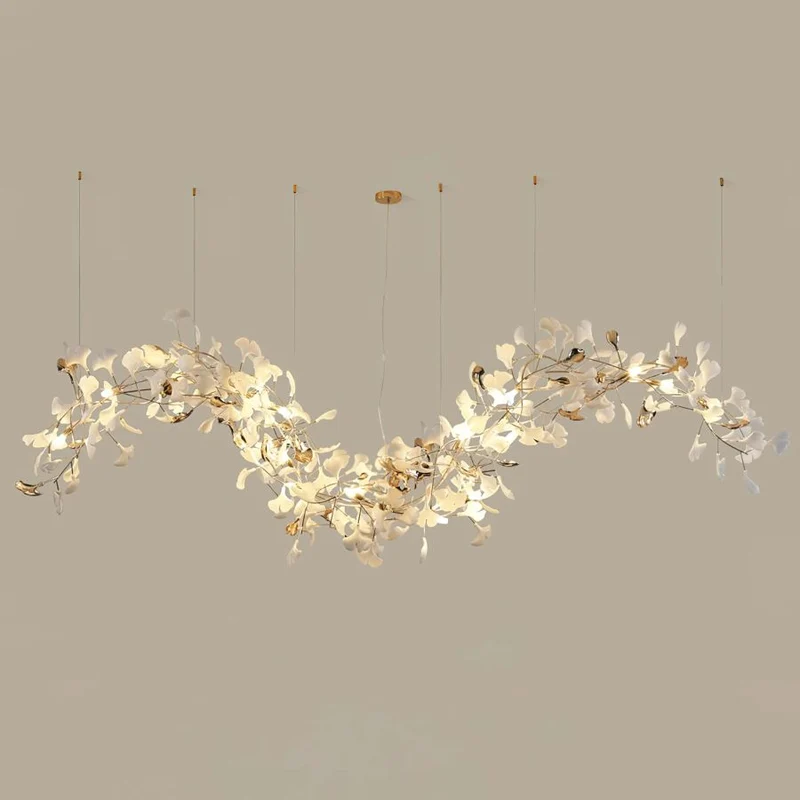 Kroonluchter Keramiek Ginkgo Bladeren Lineair Design Hanglamp Eetkamer Woonkamer Porselein Messing Verlichting | Sansoti