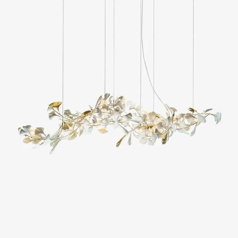 Kroonluchter Keramiek Ginkgo Bladeren Lineair Design Hanglamp Eetkamer Woonkamer Porselein Messing Verlichting | Sansoti