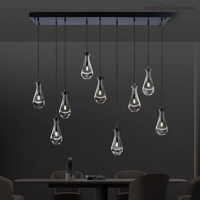 Rechthoekige Kroonluchter met Druppelvormige Glazen Hangers Messing Zwart Nikkel voor Eetkamer en Woonkamer | Sansoti