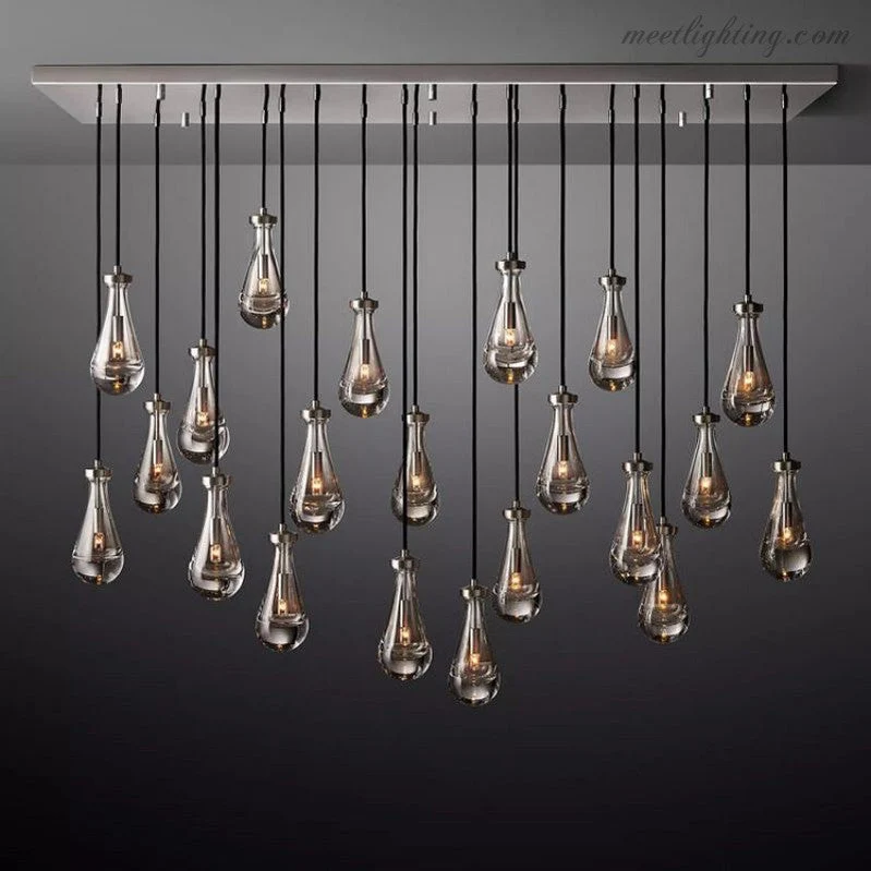 Rechthoekige Kroonluchter met Druppelvormige Glazen Hangers Messing Zwart Nikkel voor Eetkamer en Woonkamer | Sansoti