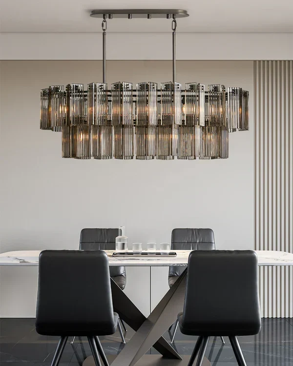 Ovale Kroonluchter Geribbeld Glas Stalen Frame 51-72cm Instelbare Hoogte E12 Fitting Messing Brons Eetkamer | Sansoti