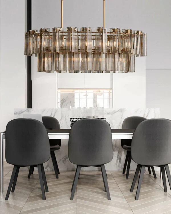 Ovale Kroonluchter Geribbeld Glas Stalen Frame 51-72cm Instelbare Hoogte E12 Fitting Messing Brons Eetkamer | Sansoti