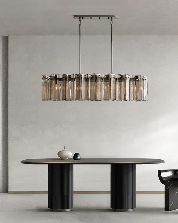 Ovale Kroonluchter Geribbeld Glas Stalen Frame 51-72cm Instelbare Hoogte E12 Fitting Messing Brons Eetkamer | Sansoti