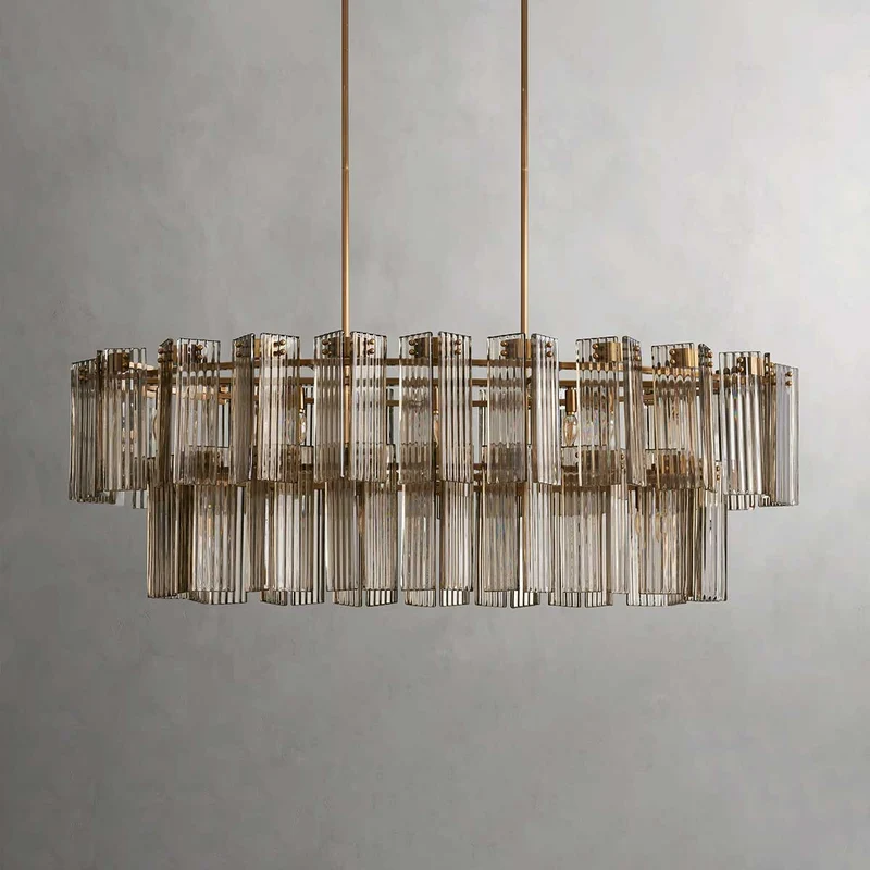Ovale Kroonluchter Geribbeld Glas Stalen Frame 51-72cm Instelbare Hoogte E12 Fitting Messing Brons Eetkamer | Sansoti