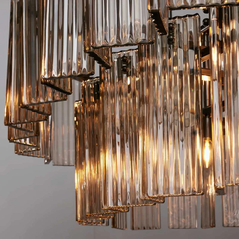 Ovale Kroonluchter Geribbeld Glas Stalen Frame 51-72cm Instelbare Hoogte E12 Fitting Messing Brons Eetkamer | Sansoti