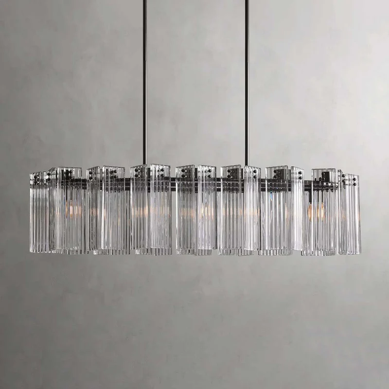 Ovale Kroonluchter Geribbeld Glas Stalen Frame 51-72cm Instelbare Hoogte E12 Fitting Messing Brons Eetkamer | Sansoti