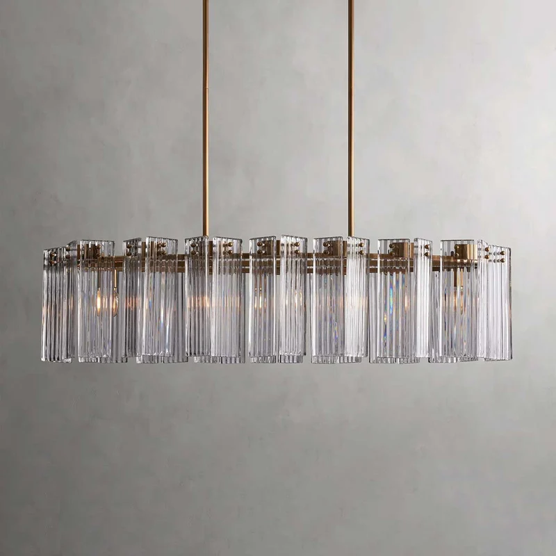 Ovale Kroonluchter Geribbeld Glas Stalen Frame 51-72cm Instelbare Hoogte E12 Fitting Messing Brons Eetkamer | Sansoti