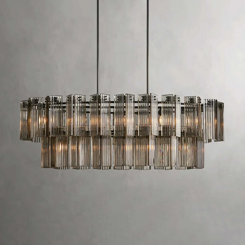 Ovale Kroonluchter Geribbeld Glas Stalen Frame 51-72cm Instelbare Hoogte E12 Fitting Messing Brons Eetkamer | Sansoti