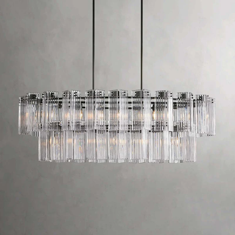 Ovale Kroonluchter Geribbeld Glas Stalen Frame 51-72cm Instelbare Hoogte E12 Fitting Messing Brons Eetkamer | Sansoti