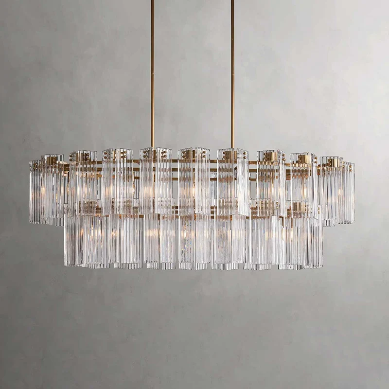 Ovale Kroonluchter Geribbeld Glas Stalen Frame 51-72cm Instelbare Hoogte E12 Fitting Messing Brons Eetkamer | Sansoti