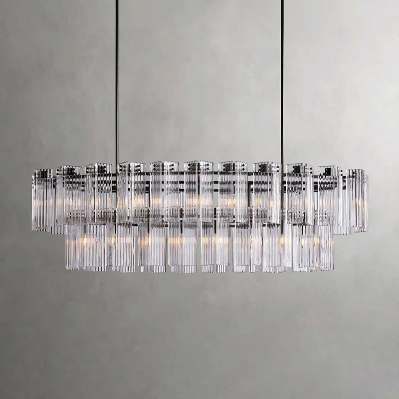 Ovale Kroonluchter Geribbeld Glas Stalen Frame 51-72cm Instelbare Hoogte E12 Fitting Messing Brons Eetkamer | Sansoti