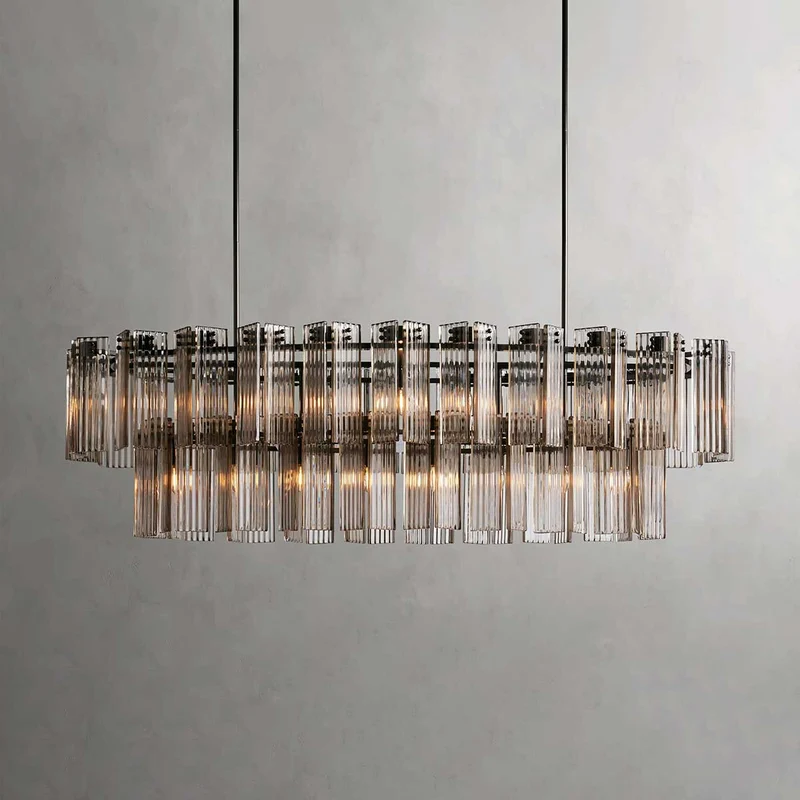 Ovale Kroonluchter Geribbeld Glas Stalen Frame 51-72cm Instelbare Hoogte E12 Fitting Messing Brons Eetkamer | Sansoti