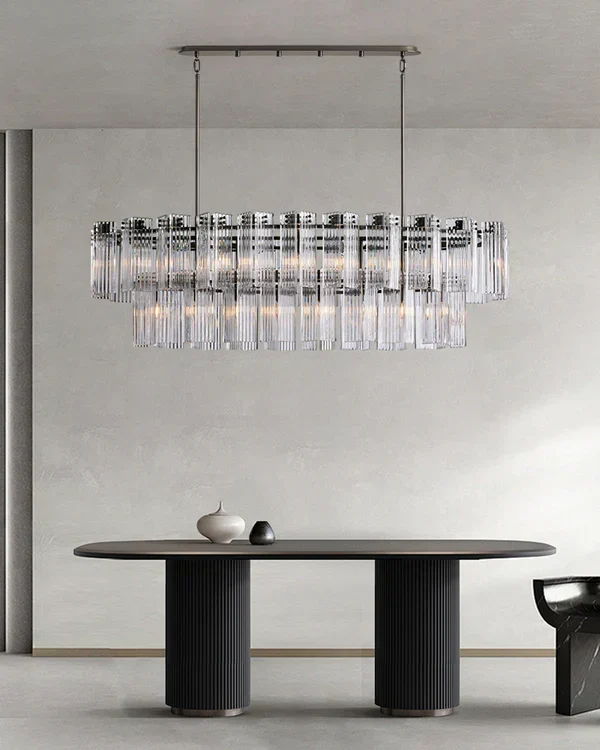 Ovale Kroonluchter Geribbeld Glas Stalen Frame 51-72cm Instelbare Hoogte E12 Fitting Messing Brons Eetkamer | Sansoti