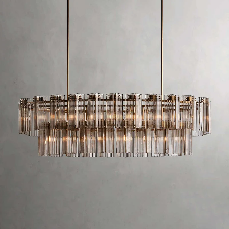 Ovale Kroonluchter Geribbeld Glas Stalen Frame 51-72cm Instelbare Hoogte E12 Fitting Messing Brons Eetkamer | Sansoti