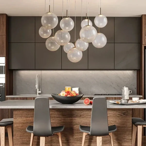 Ronde Hanglamp met Glazen Bollen Messing en Craquelé Glas Verstelbaar voor Hoge Ruimtes LED Kroonluchter | Sansoti