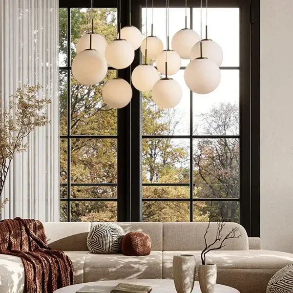 Ronde Hanglamp met Glazen Bollen Messing en Craquelé Glas Verstelbaar voor Hoge Ruimtes LED Kroonluchter | Sansoti