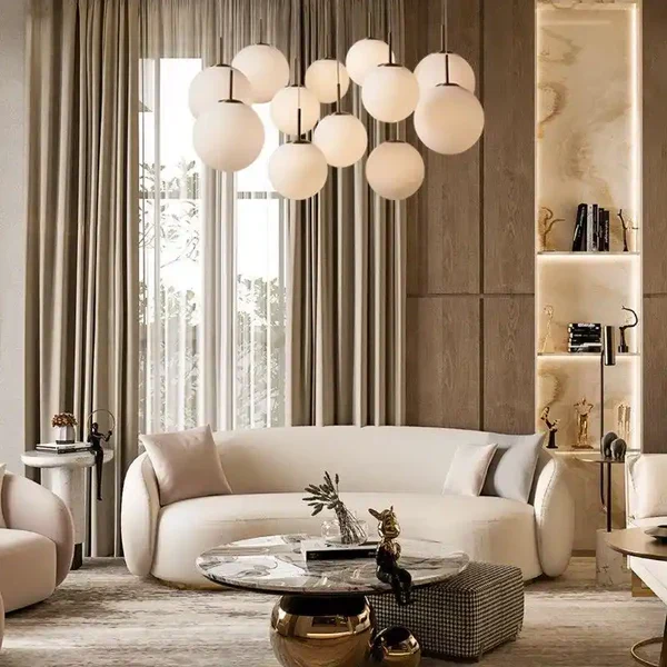 Ronde Hanglamp met Glazen Bollen Messing en Craquelé Glas Verstelbaar voor Hoge Ruimtes LED Kroonluchter | Sansoti