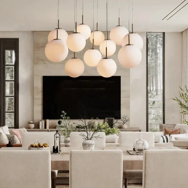 Ronde Hanglamp met Glazen Bollen Messing en Craquelé Glas Verstelbaar voor Hoge Ruimtes LED Kroonluchter | Sansoti