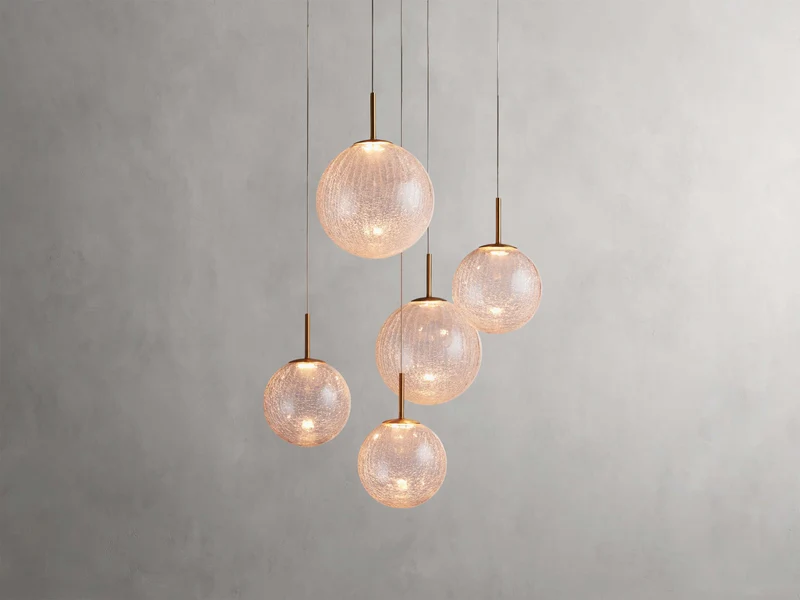 Ronde Hanglamp met Glazen Bollen Messing en Craquelé Glas Verstelbaar voor Hoge Ruimtes LED Kroonluchter | Sansoti