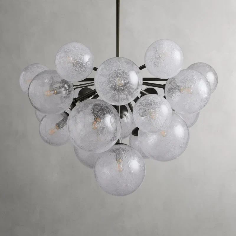 Glazen Bol Kroonluchter Handgeblazen Glas met Belletjeseffect Messing Zwart Nikkel Verstelbaar Hanglampen | Sansoti