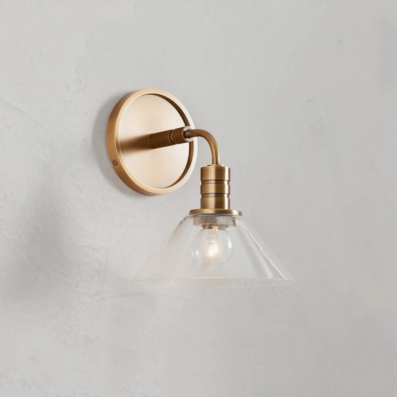 Industriële Wandlamp Staal met Glazen Kegel E12 Fitting Messing of Brons Modern Design Sfeervol Woonkamer | Sansoti