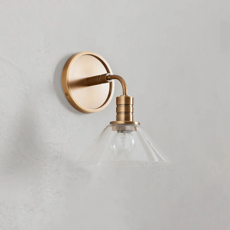 Industriële Wandlamp Staal met Glazen Kegel E12 Fitting Messing of Brons Modern Design Sfeervol Woonkamer | Sansoti