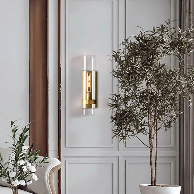 Wandlamp Glas en Messing met Cilinderkap Warm Wit Licht Woonkamer Slaapkamer Hal Verlichting Luxe Design | Sansoti