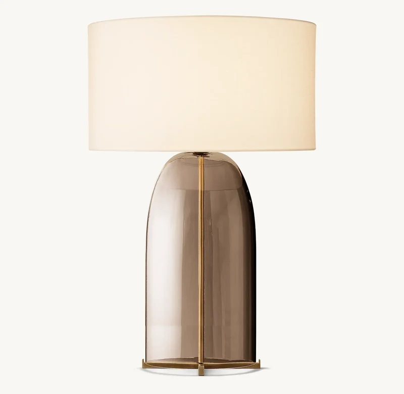Tafellamp Amber Glas met Ovale Linnen Kap Metalen Voet Woonkamer Slaapkamer Bureaulamp Moderne Verlichting | Sansoti