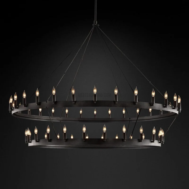 Tweelaagse Kroonluchter Handgesmeed IJzer 30-66 LED Kaarsen Vintage Industrieel Stijl Eettafel Diner | Sansoti
