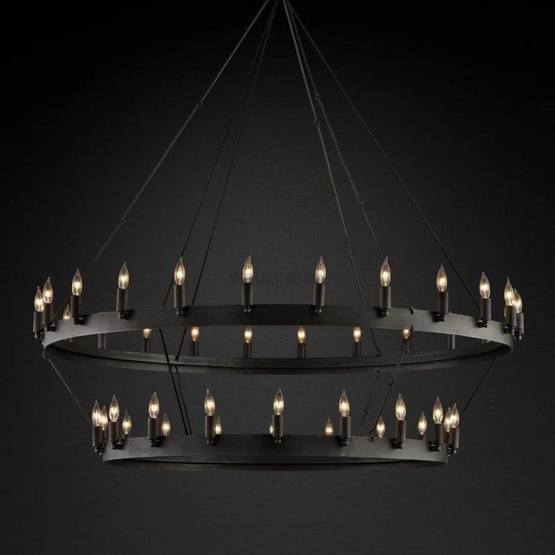 Tweelaagse Kroonluchter Handgesmeed IJzer 30-66 LED Kaarsen Vintage Industrieel Stijl Eettafel Diner | Sansoti