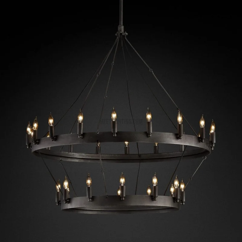 Tweelaagse Kroonluchter Handgesmeed IJzer 30-66 LED Kaarsen Vintage Industrieel Stijl Eettafel Diner | Sansoti