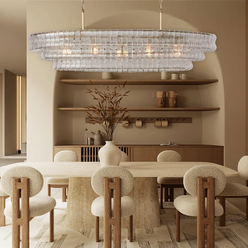 Ovale Kroonluchter met Gebogen Glas 137cm Verstelbare Hoogte Stalen Frame Eetkamer Woonkamer Hanglamp | Sansoti