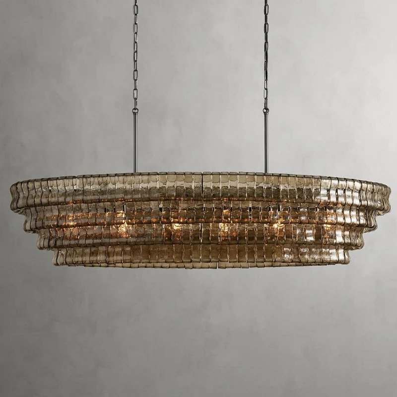 Ovale Kroonluchter met Gebogen Glas 137cm Verstelbare Hoogte Stalen Frame Eetkamer Woonkamer Hanglamp | Sansoti