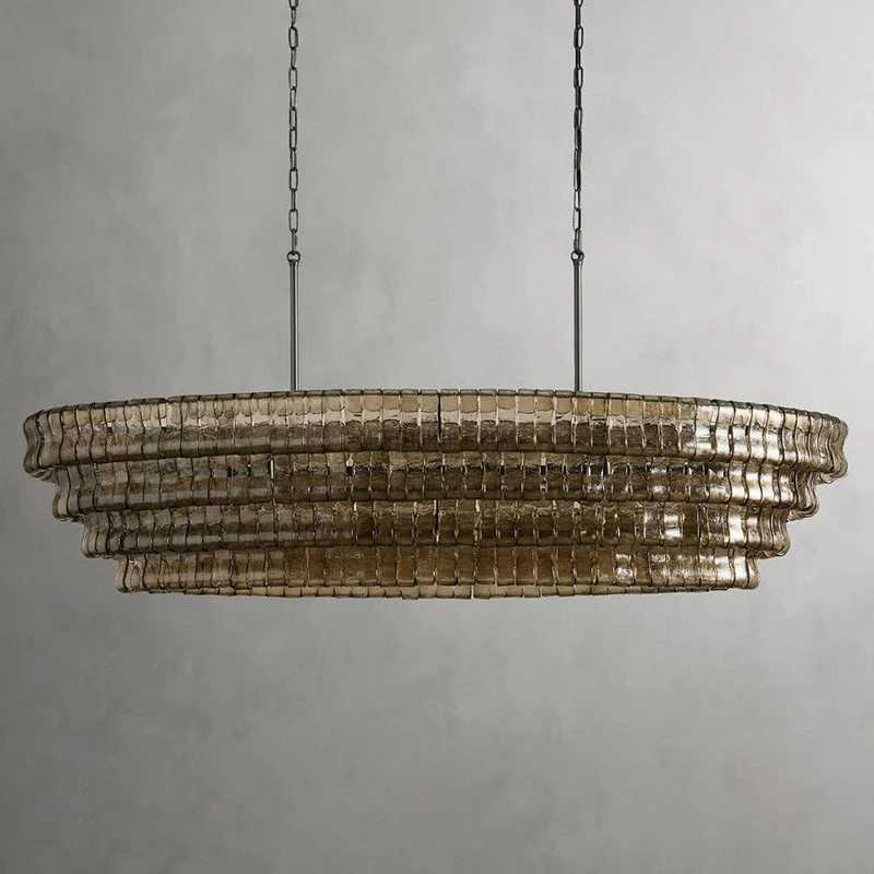 Ovale Kroonluchter met Gebogen Glas 137cm Verstelbare Hoogte Stalen Frame Eetkamer Woonkamer Hanglamp | Sansoti