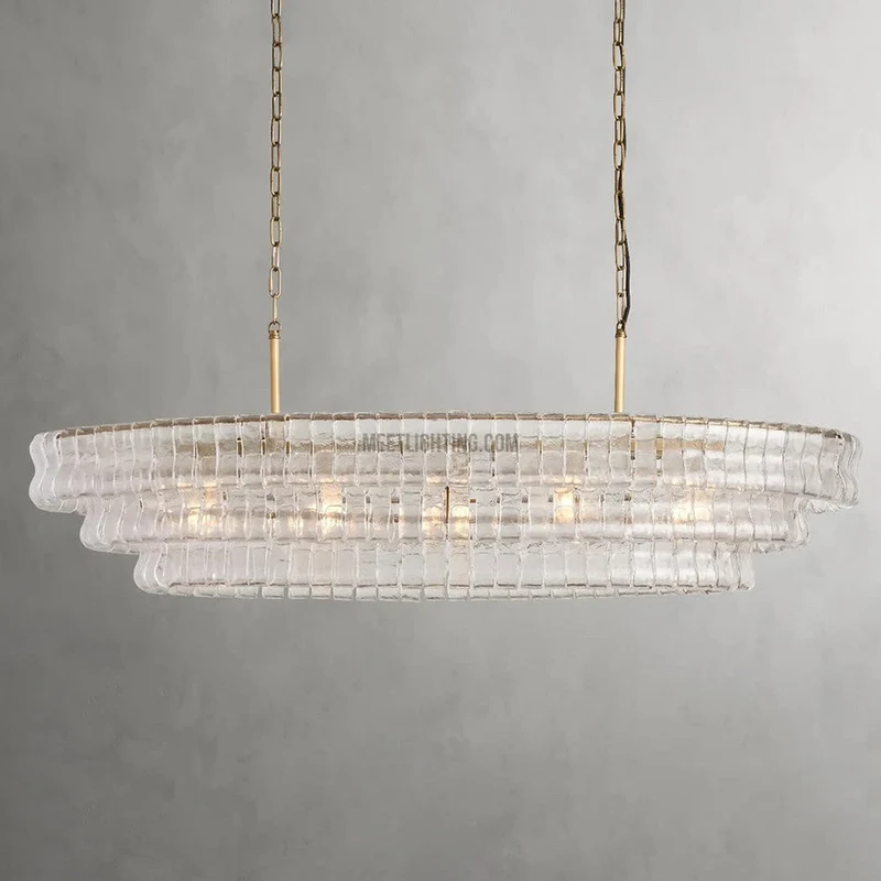 Ovale Kroonluchter met Gebogen Glas 137cm Verstelbare Hoogte Stalen Frame Eetkamer Woonkamer Hanglamp | Sansoti