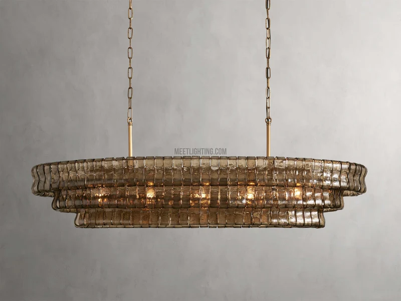 Ovale Kroonluchter met Gebogen Glas 137cm Verstelbare Hoogte Stalen Frame Eetkamer Woonkamer Hanglamp | Sansoti