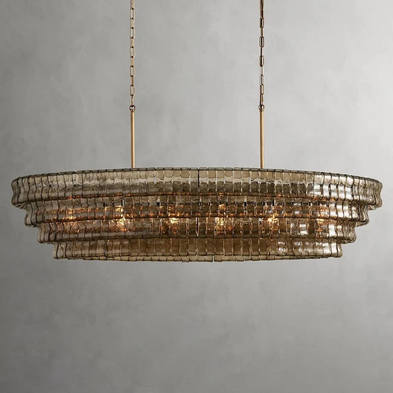 Ovale Kroonluchter met Gebogen Glas 137cm Verstelbare Hoogte Stalen Frame Eetkamer Woonkamer Hanglamp | Sansoti