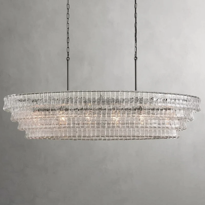 Ovale Kroonluchter met Gebogen Glas 137cm Verstelbare Hoogte Stalen Frame Eetkamer Woonkamer Hanglamp | Sansoti
