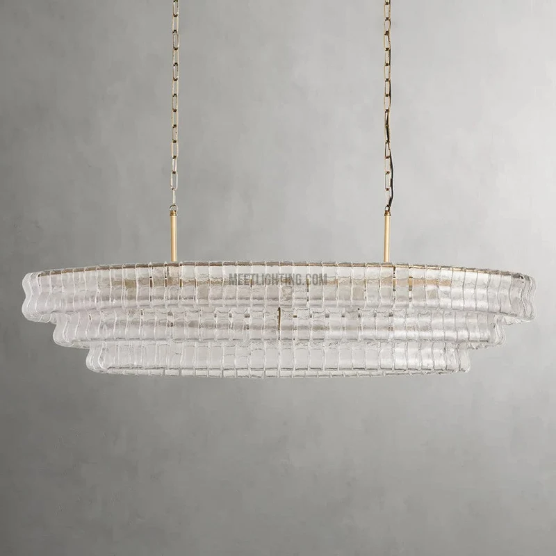 Ovale Kroonluchter met Gebogen Glas 137cm Verstelbare Hoogte Stalen Frame Eetkamer Woonkamer Hanglamp | Sansoti