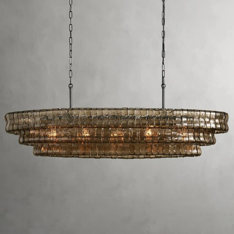 Ovale Kroonluchter met Gebogen Glas 137cm Verstelbare Hoogte Stalen Frame Eetkamer Woonkamer Hanglamp | Sansoti