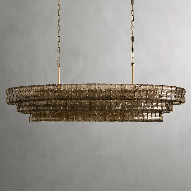 Ovale Kroonluchter met Gebogen Glas 137cm Verstelbare Hoogte Stalen Frame Eetkamer Woonkamer Hanglamp | Sansoti