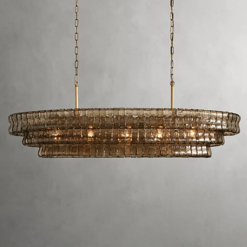 Ovale Kroonluchter met Gebogen Glas 137cm Verstelbare Hoogte Stalen Frame Eetkamer Woonkamer Hanglamp | Sansoti