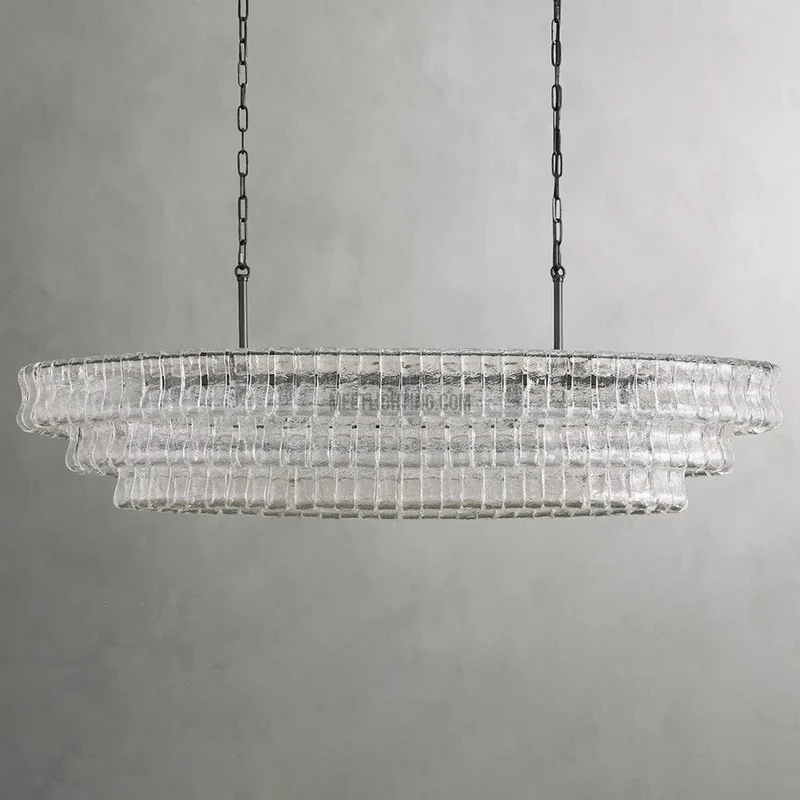 Ovale Kroonluchter met Gebogen Glas 137cm Verstelbare Hoogte Stalen Frame Eetkamer Woonkamer Hanglamp | Sansoti