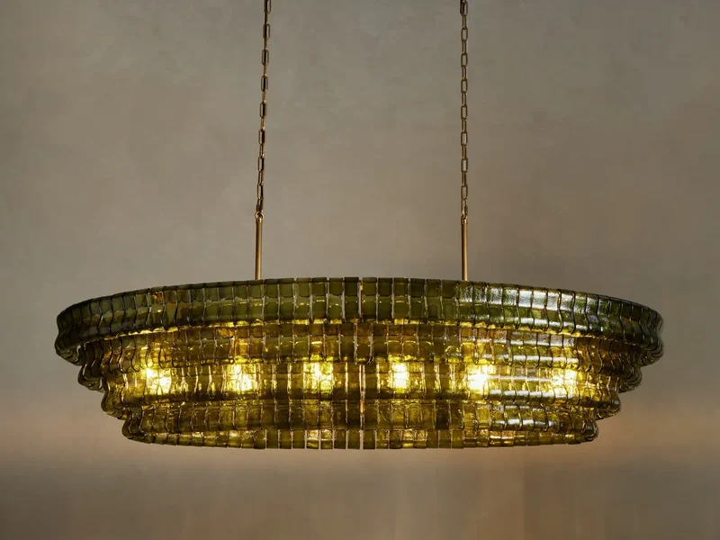 Ovale Kroonluchter met Gebogen Glas 137cm Verstelbare Hoogte Stalen Frame Eetkamer Woonkamer Hanglamp | Sansoti