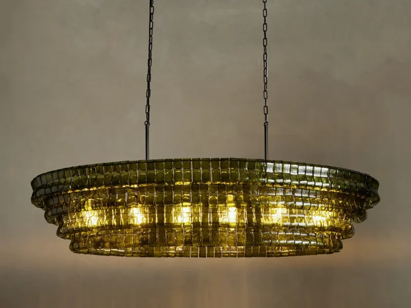 Ovale Kroonluchter met Gebogen Glas 137cm Verstelbare Hoogte Stalen Frame Eetkamer Woonkamer Hanglamp | Sansoti