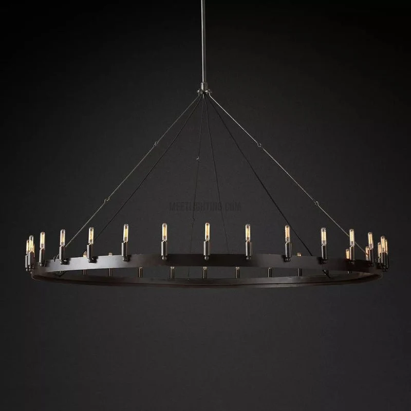 Ronde Kroonluchter met Vintage Filament Lampen Handgemaakt IJzer Zwart Goud 26-73cm Eetkamer Woonkamer | Sansoti